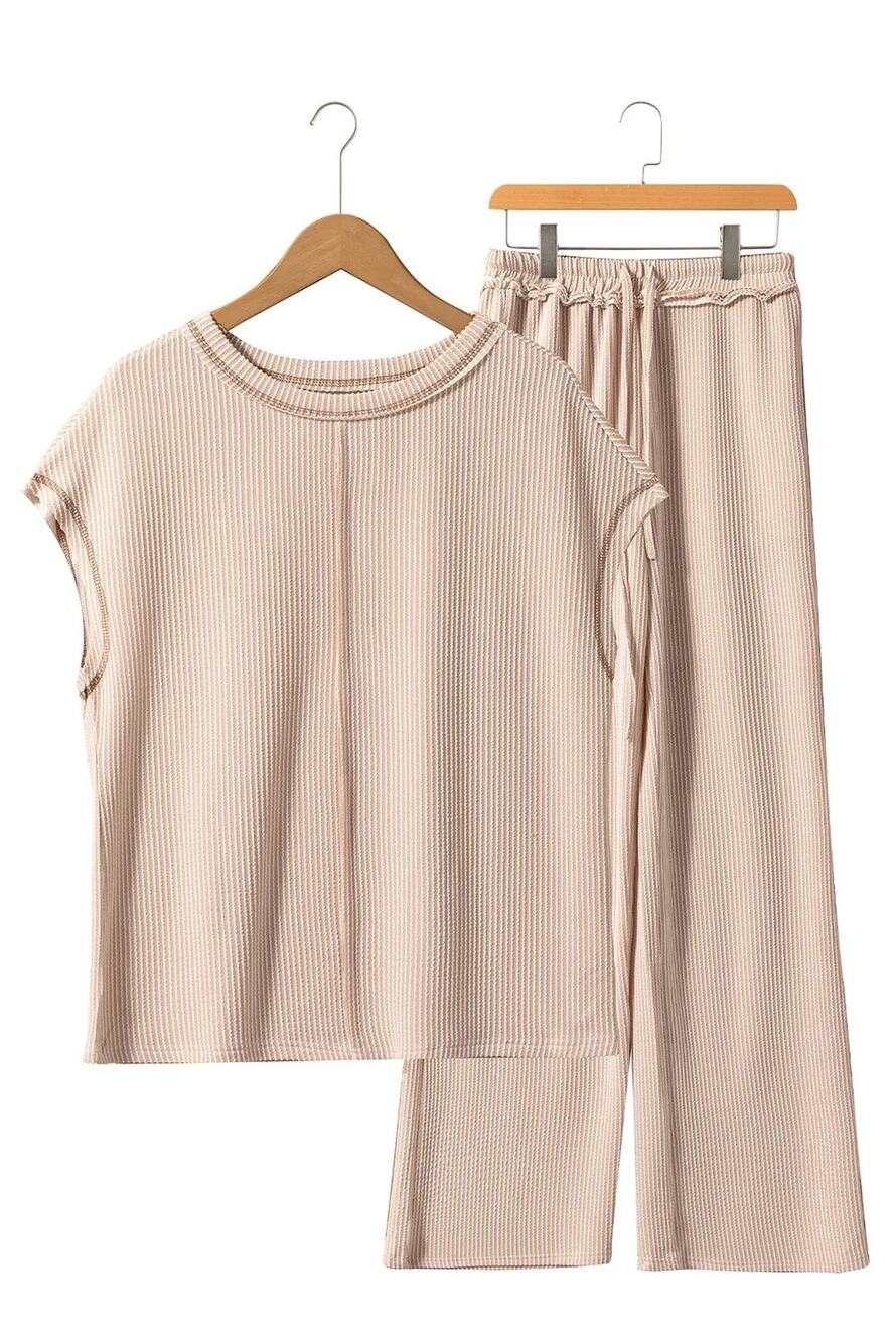 Parchment Exposed Seam Beige Corded T shirt and Wide Leg Pants Set Size XL